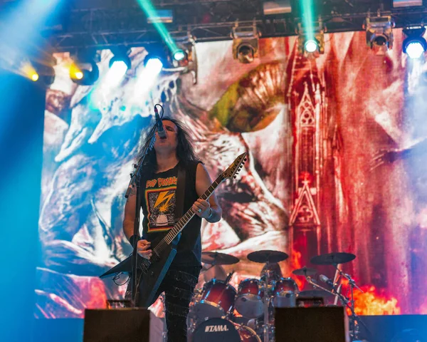 Kiev, Ukrayna - 05 Temmuz 2018: Alman thrash metal rock band Kreator ve Mille Petrozz, vokalist ve ritim gitarist canlı Ulusal Expocenter Atlas hafta sonu Festivali gerçekleştirir.