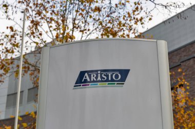 BERLIN, GERMANY - NOVEMBER 14, 2018: Aristo logo closeup outdoors. Aristo Pharma GmbH was founded in 2008 in Berlin. It engages in the development, production, and sales of modern medications.