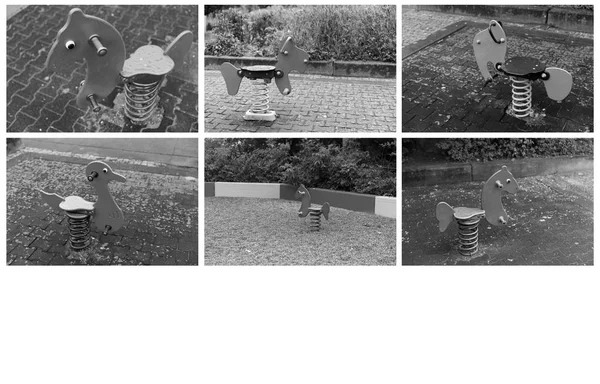 黑色和白色拼贴画与不同的婴儿金属春天摇摆在雨中在柏林与复制空间 — 图库照片