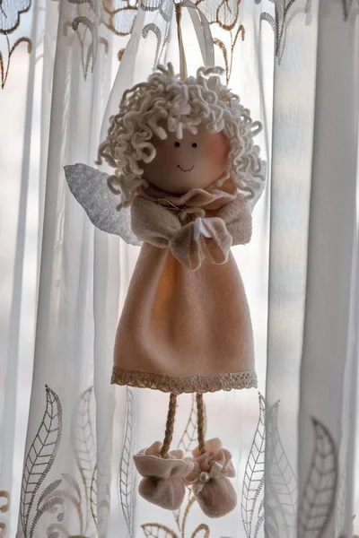 Little Rag Interior Doll Angel Closeup Window — Stock Photo, Image