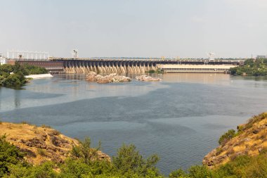Khortytsia Island, Dinyeper Nehri ve Hidroelektrik Santrali. Zaporijya, Ukrayna.