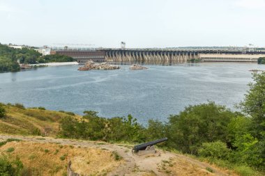 Khortytsia Island, Dinyeper Nehri ve Hidroelektrik Santrali. Zaporijya, Ukrayna.