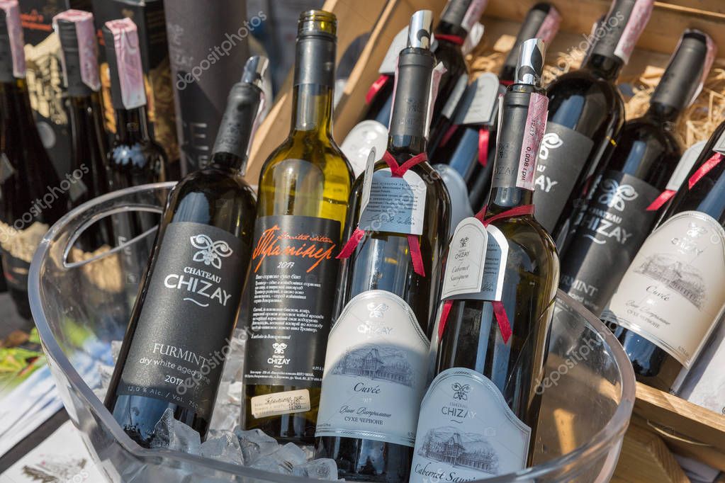 KYIV, UKRAINE - APRIL 21, 2019: Chateau Chizay Ukrainian winery booth during Food and Wine Festival in National Expocenter, a permanent multi-purpose exhibition complex.