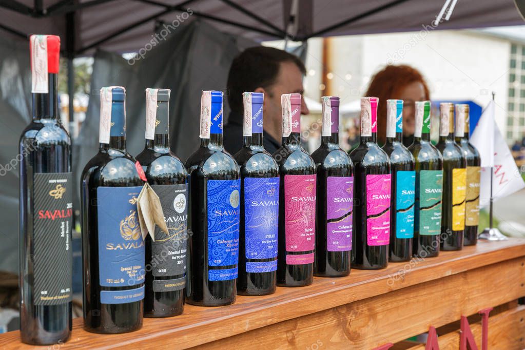 KYIV, UKRAINE - APRIL 21, 2019: Savalan Azerbaijan winery booth during Food and Wine Festival in National Expocenter, a permanent multi-purpose exhibition complex.