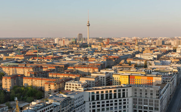 BERLIN, GERMANY - APRIL 18, 2019: Aerial cityscape with Leipziger Street, Mall of Berlin building, TV tower and Berliner Dom Cathedral at sunset close to Potsdamer Square.