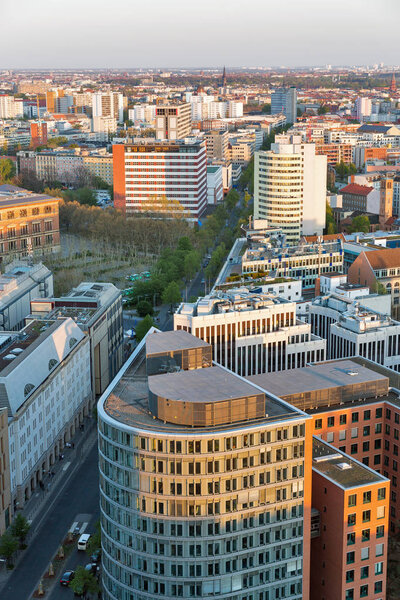 Aerial cityscape at sunset close to Potsdamer Square in Berlin, Germany.