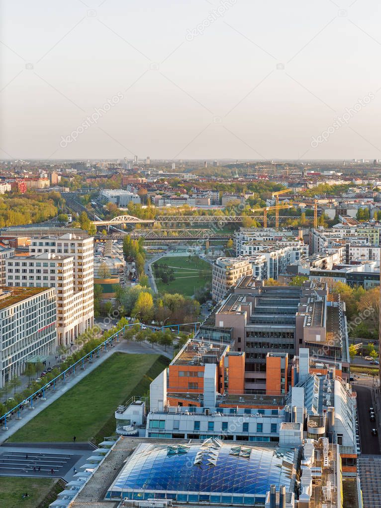 Berlin evening aerial cityscape, Germany.