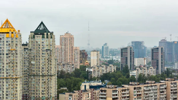 Kiev city foggy skyline from above, capital of Ukraine.