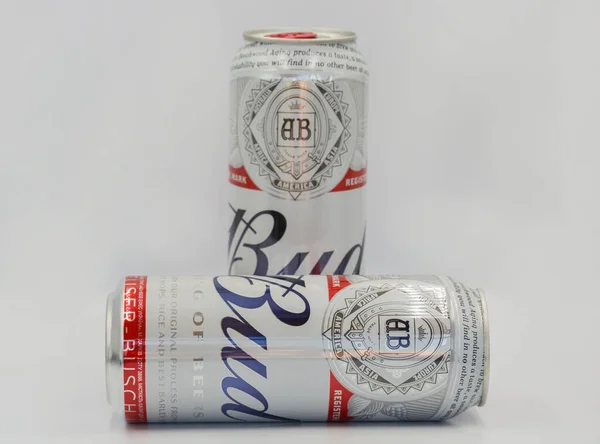 Kyiv Ukraine June 2020 Beer Budweiser Cans Closeup White Bacground — 스톡 사진