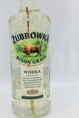 KYIV, UKRAINE - Haziran 06, 2020: Zubrowka Bison Grass votka şişesi beyaz arka plana yakın çekim. Lezzetli bir Polonya votka likörü. Her şişede bir bizon çim bıçağı var..