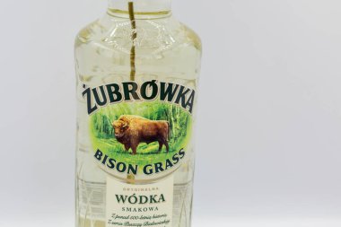 KYIV, UKRAINE - Haziran 06, 2020: Zubrowka Bison Grass votka şişesi beyaz arka plana yakın çekim. Lezzetli bir Polonya votka likörü. Her şişede bir bizon çim bıçağı var..