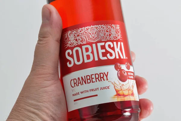 Kyiv Ukraine June 2020 Sobieski Cranberry Vodka Bottle Human Hand — Stock Photo, Image