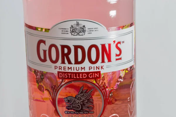 Kyiv Ukraine June 2020 Gordons Premium Pink Gin Bottle Label — Stock Photo, Image