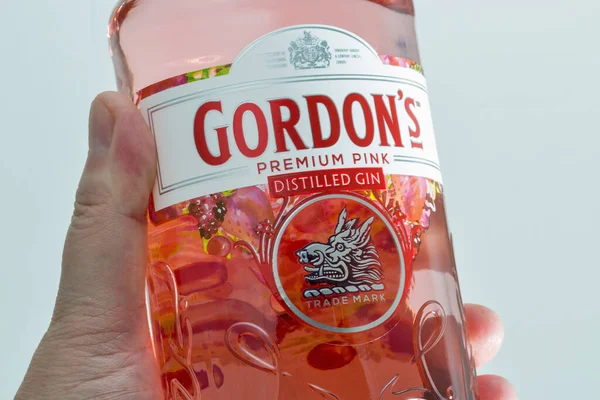 Kyiv Ukraine June 2020 Gordons Premium Pink Gin Bottle Human — Stock Photo, Image