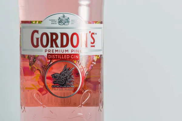 Kyiv Ukraine June 2020 Gordons Premium Pink Gin Bottle Label — Stock Photo, Image