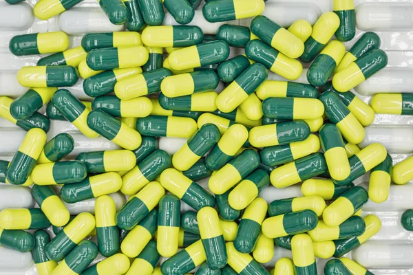 Medical Capsules Yellow Green Blisters Closeup Background Full Frame — Stock Photo, Image