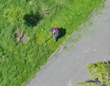 İşçi, kentteki çimleri benzin fırçasıyla biçiyor.