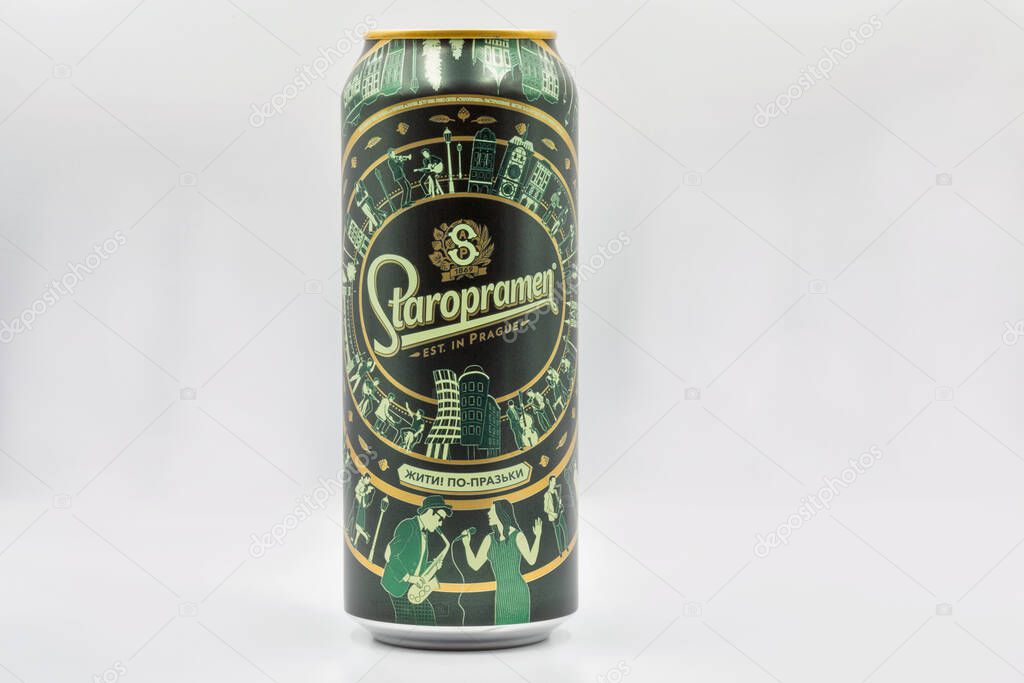 KYIV, UKRAINE - AUGUST 22, 2020: Studio shoot of Staropramen Czech beer can closeup against white bacground. The Czech Republic has the highest beer consumption per capita in the world.