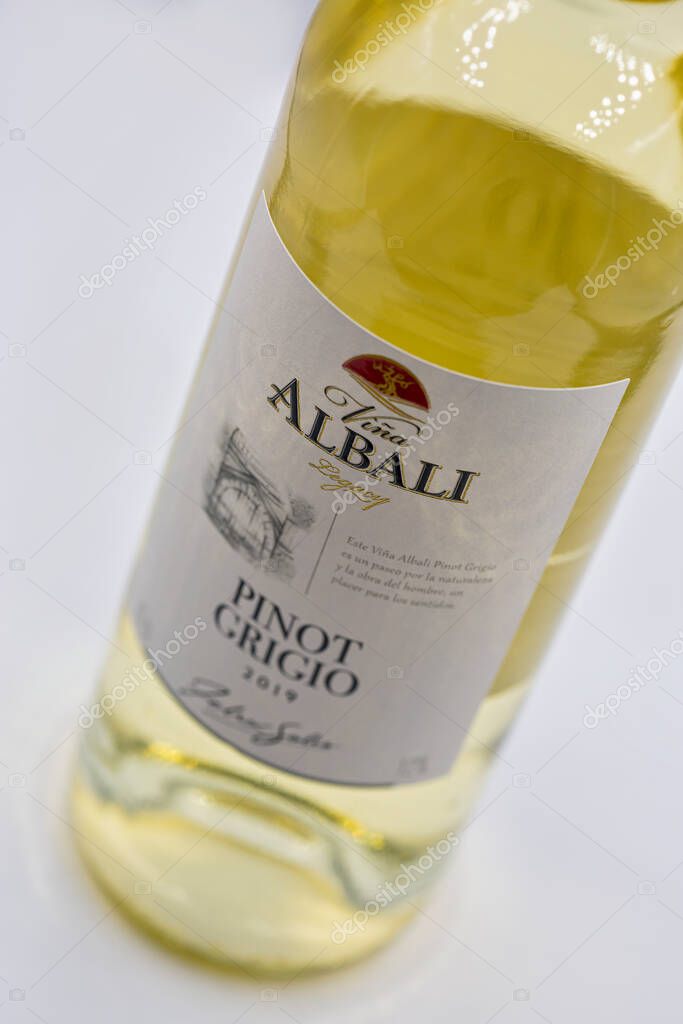 KYIV, UKRAINE - AUGUST 22, 2020: Studio shoot of Vina Albali Pinot Grigio Italian white wine bottle closeup against white background.