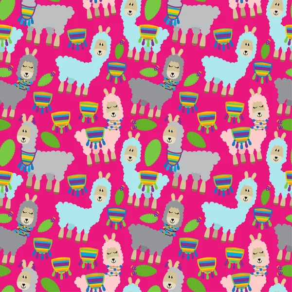 Seamless Tileable Llama Cactus Pattern Background — Stock Vector