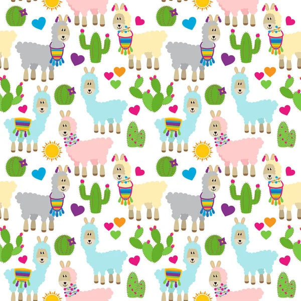 Seamless Tileable Llama Cactus Pattern Background — Stock Vector