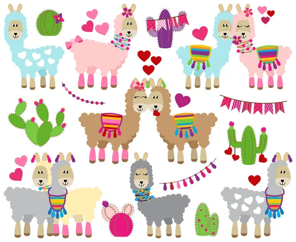 Vector Collection Cute Valentine Day Themed Llamas — Stock Vector