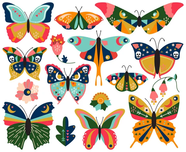 Vector Collection Bohemian Stylized Butterflies Moths — Stock Vector