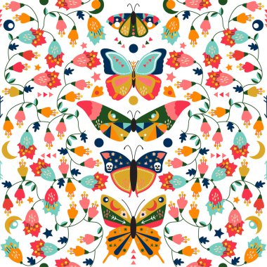 Kesintisiz, Tileable duvar kağıdı desenle Boho stil kelebekler, pervane ve çiçek öğeleri