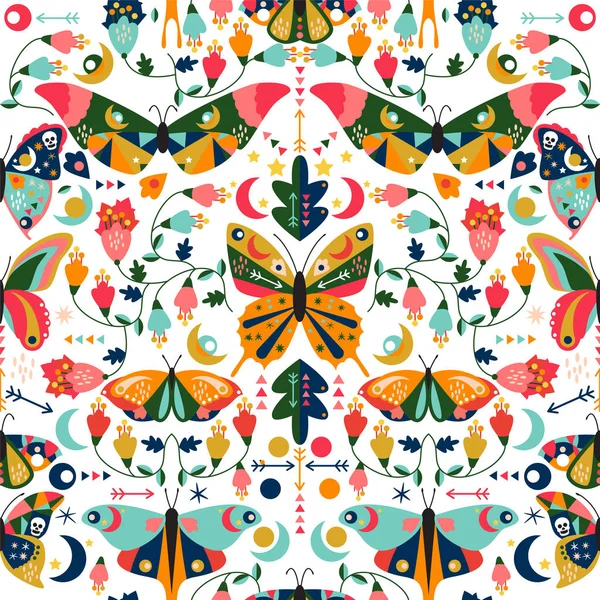 Bezešvé Dlaždicovatelné Tapeta Vzor Motýly Boho Styl Můr Květinové Prvky — Stockový vektor