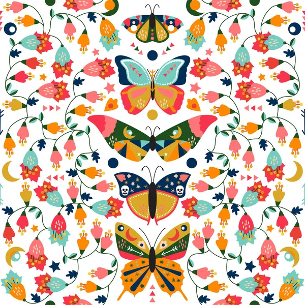 Seamless Tileable Wallpaper Pattern Boho Style Butterflies Moths Floral Elements — Stock Vector