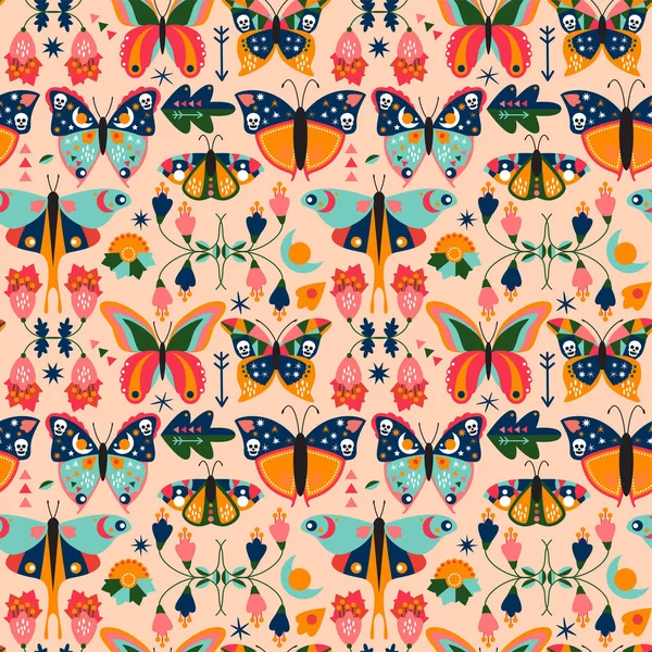 Naadloze Tegelbaar Behang Patroon Met Boho Stijl Vlinders Vlinders Bloemen — Stockvector