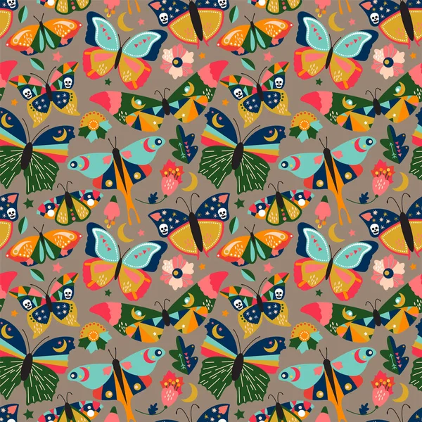 Seamless Tileable Wallpaper Pattern Boho Style Butterflies Moths Floral Elements — Stock Vector