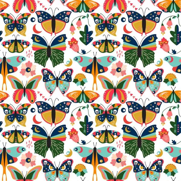 Seamless Tileable Wallpaper Pattern Boho Style Butterflies Moths Floral Elements — Stock Vector