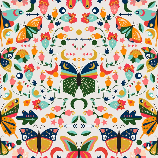 Seamless Tileable Wallpaper Pattern Boho Style Butterflies Moths Floral Elements Stock Illustration