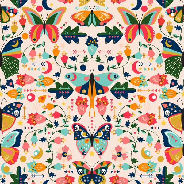 Seamless Tileable Wallpaper Pattern Boho Style Butterflies Moths Floral Elements Stock Vector