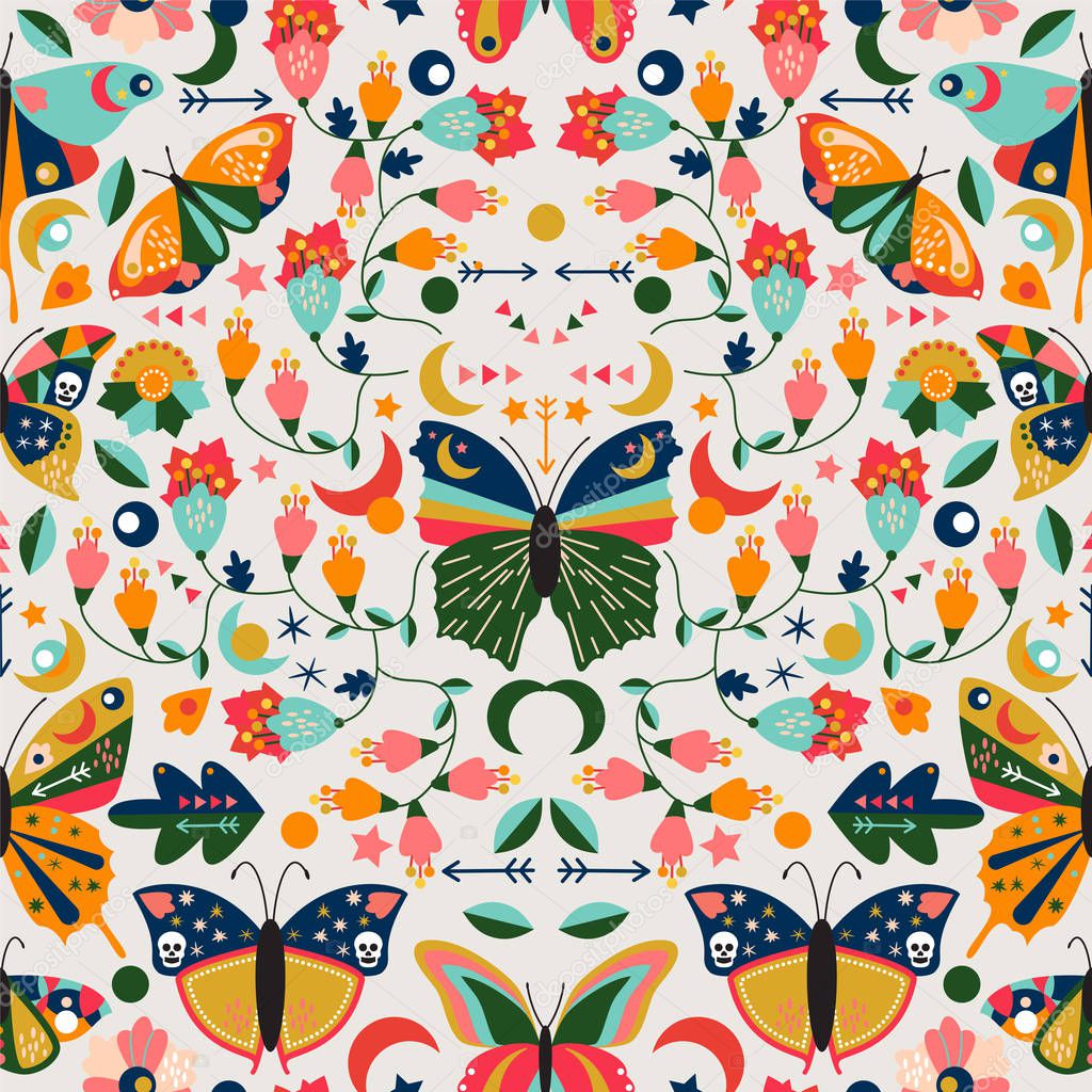 Seamless, Tileable Wallpaper Pattern with Boho Style Butterflies, Moths and Floral Elements