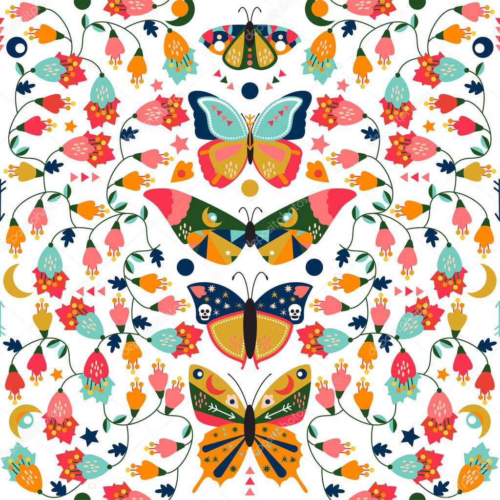 Seamless, Tileable Wallpaper Pattern with Boho Style Butterflies, Moths and Floral Elements