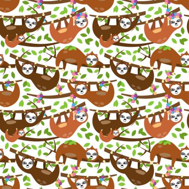 Tembel, ağaç dalları ve yaprakları ile sorunsuz vektör arka plan