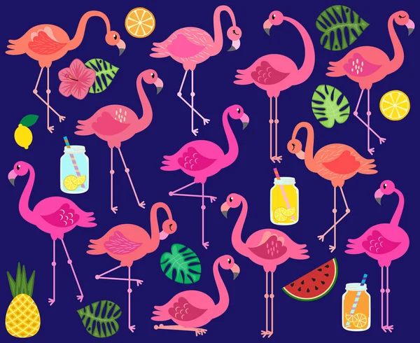 Vektor Sammlung Von Flamingos Tropischen Blättern Früchten Und Sommerlichen Getränken — Stockvektor