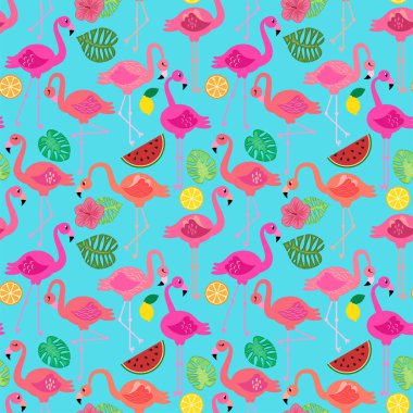 Seamless Vector Pattern with Flamingos and Other Summer Themed Elements clipart