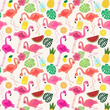 Sorunsuz vektör desen flamingolar ve diğer yaz temalı elemanları