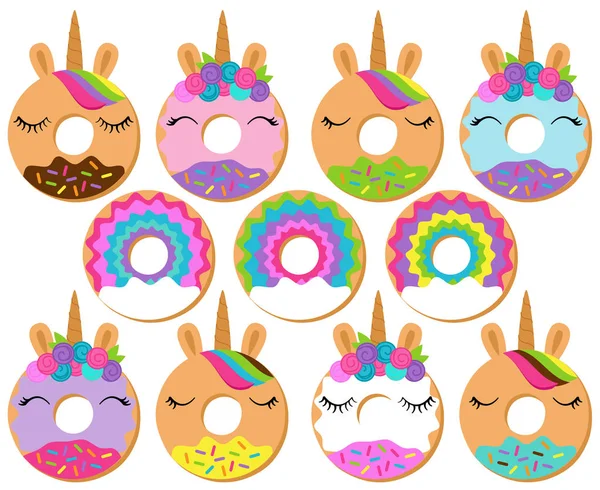 Vector Set Van Unicorn Rainbow Themed Donuts — Stockvector