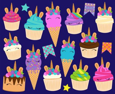 Unicorn temalı tatlılar ve Doğum günü süslemeleri sevimli vektör koleksiyonu