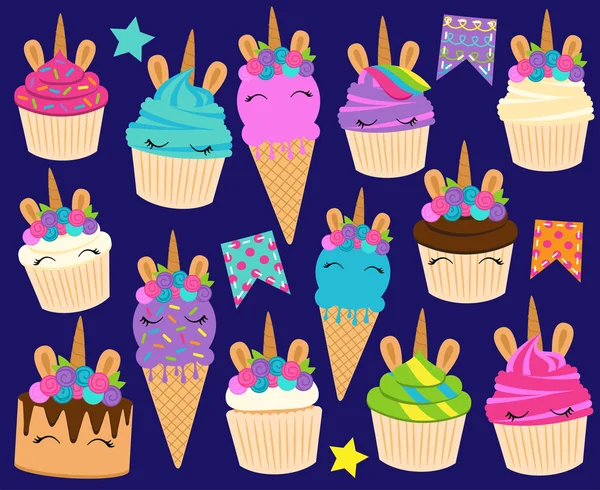Cute Vector Collection Unicorn Themed Desserts Birthday Decorations — Stock Vector