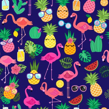 Flamingolar, Toucans, Kaktüsler ve Tropikal Yaprakları ile Dikişsiz, Karocuk Tropikal Vektör Desen