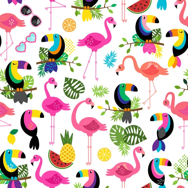 Bez Szwu Tileable Tropikalny Wektor Wzór Flamingi Toucans Cacti Tropikalnych — Wektor stockowy