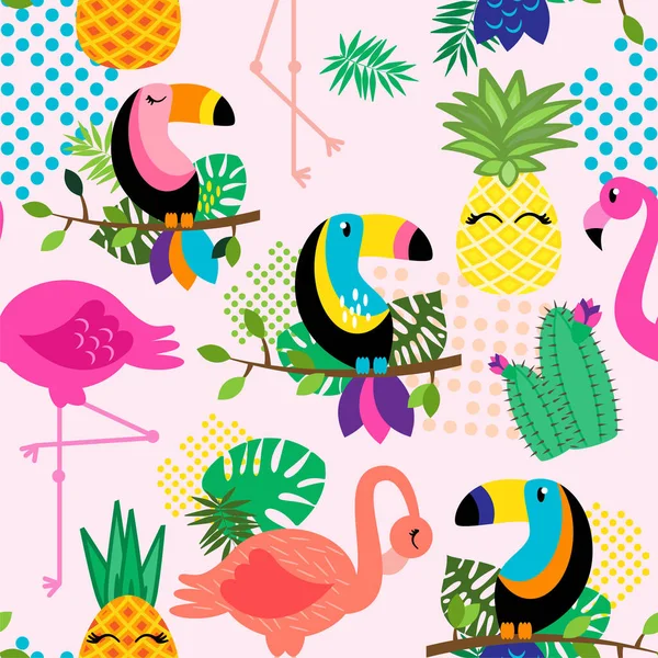 Naadloze Tileable Tropische Vector Patroon Met Flamingo Toekans Cactussen Tropische — Stockvector