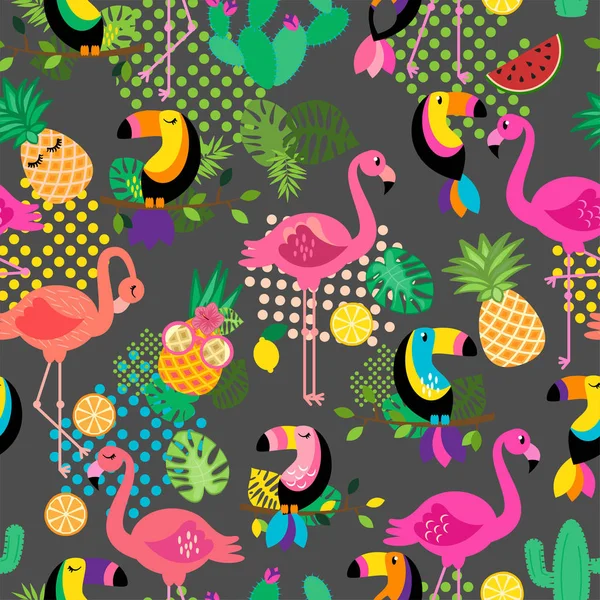 Seamless Tileable Tropical Vector Pattern Flamingos Toucans Cacti Tropical Leaves — Stock Vector