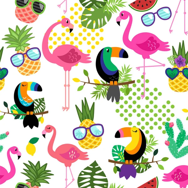 Bez Szwu Tileable Tropikalny Wektor Wzór Flamingi Toucans Cacti Tropikalnych — Wektor stockowy