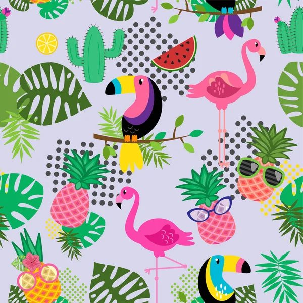 Naadloze Tileable Tropische Vector Patroon Met Flamingo Toekans Cactussen Tropische — Stockvector